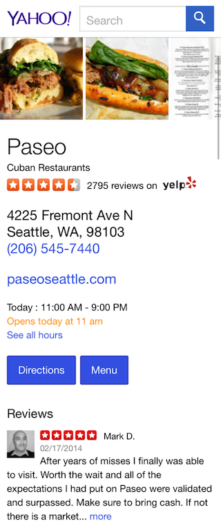 Yahoo Local Yelp Review Paseo