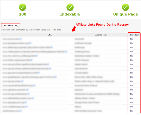 Affiliate Links found during recrawl Affiliate Links found during recrawl