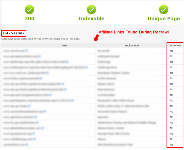 Affiliate Links found during recrawl