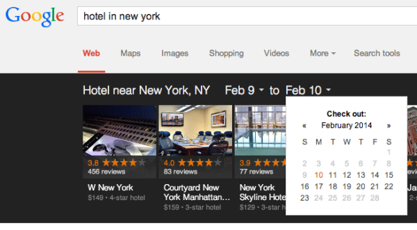 Hotels in New York Date Selector in Google Carousel Results