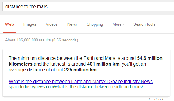 Google distance to the mars