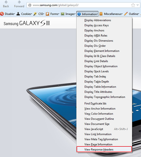 Web Developer View Response Headers