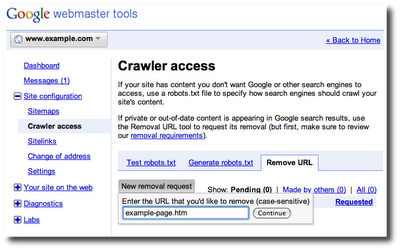 Google Webmaster Tools New URL Removal Request