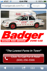 Badger Cab mobile web page with click-to-call button