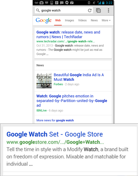 Google Watch search results