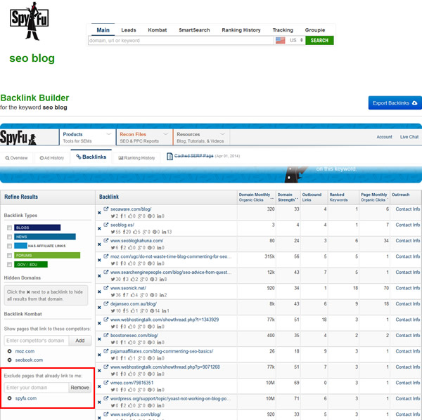 SpyFu Backlink Builder Exclude pages that link to me already