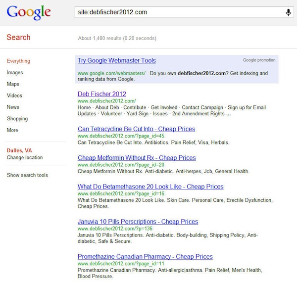 How Deb Fischer website is indexed on Google