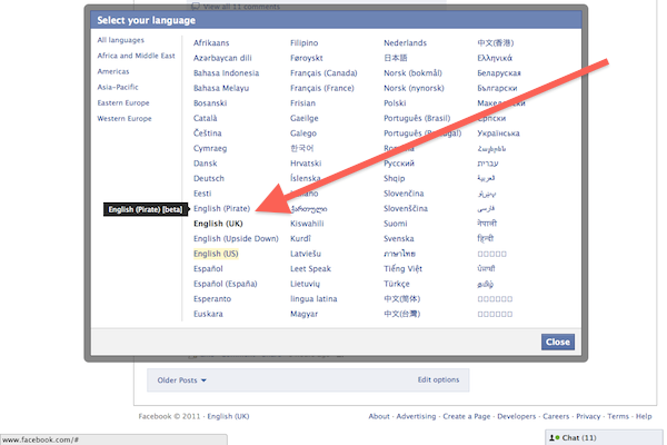 Change your Facebook Language Settings to English Pirate