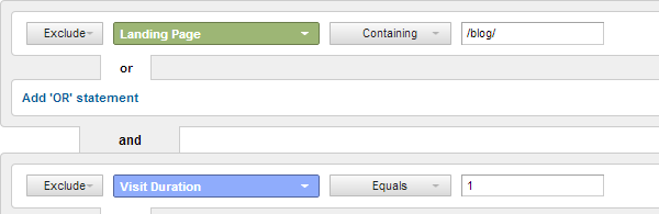 Google Analytics advanced segment that removes blog bounce rates