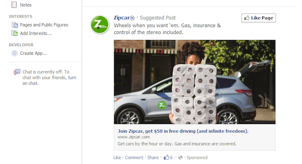 Zipcar Facebook News Feed Ad