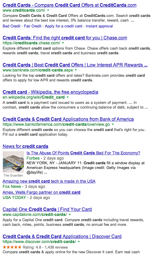 Google Search Results for Credit Cards