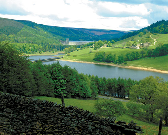 A view of a river between hills and forests