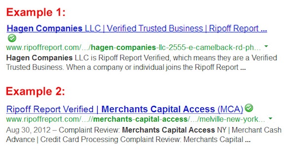 Ripoff Report Verified Examples in Google