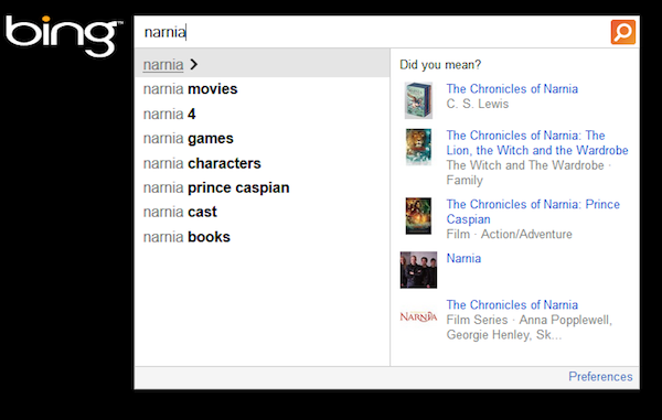 Narnia Bing Autosuggest