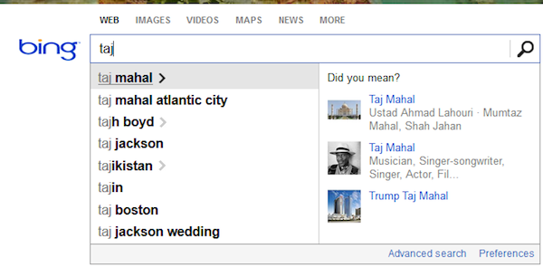 Taj Mahal Bing Autosuggest