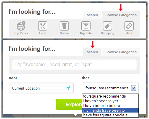 Foursquare Explore web search prompt