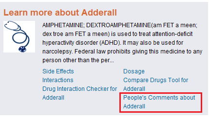 Social info about Adderall listed on Healthline