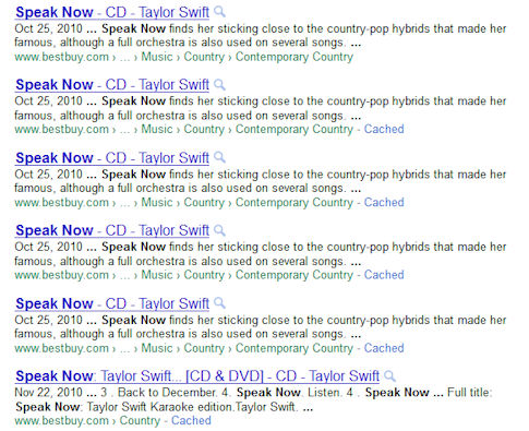 Google Duplicate Content Example Taylor Swift Speak Now CD