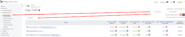 Bing Webmaster Tools Page Traffic Export