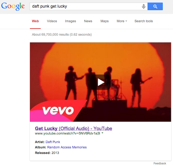 Google Gives More Prominence to First Playable Music Video Search Result