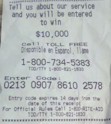 Rite Aid receipt with satisfaction survey promo code