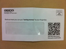 Geico direct mail envelope with a QR code - Scan for a free quote