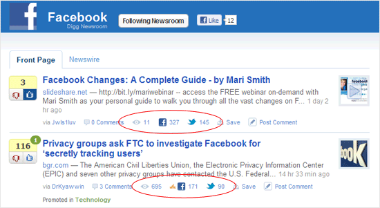 Digg Facebook Newsroom Front Page Example