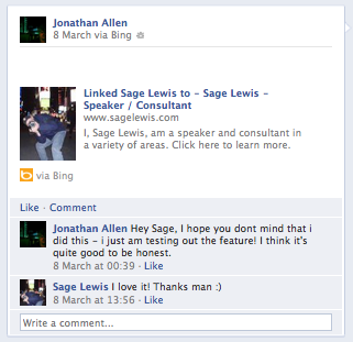 Bing Linked Pages writes to Facebook Bing Linked Pages writes to Facebook