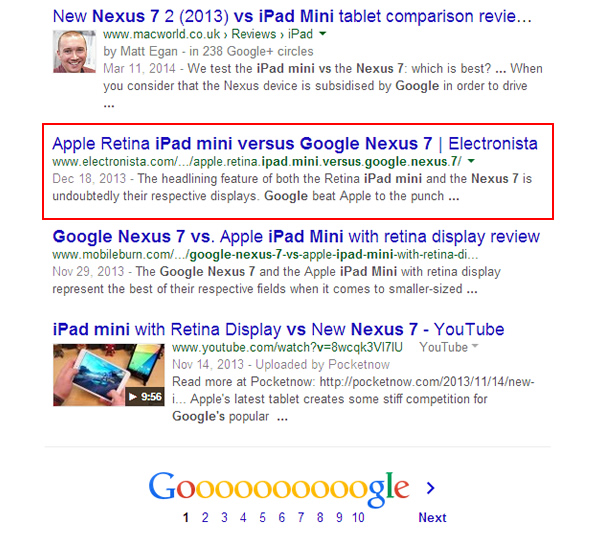 Google Nexus 7 Versus ipad mini Desktop Results