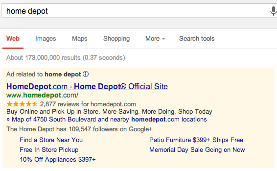 Home Depot Google SERP